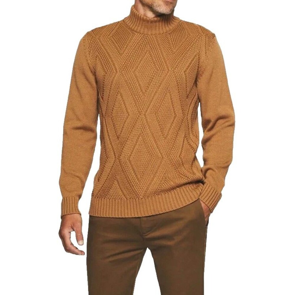 IZAC Men's M Camel High Neck Sweater Bellino Merino Wool Camel Argyle Knit ITALY